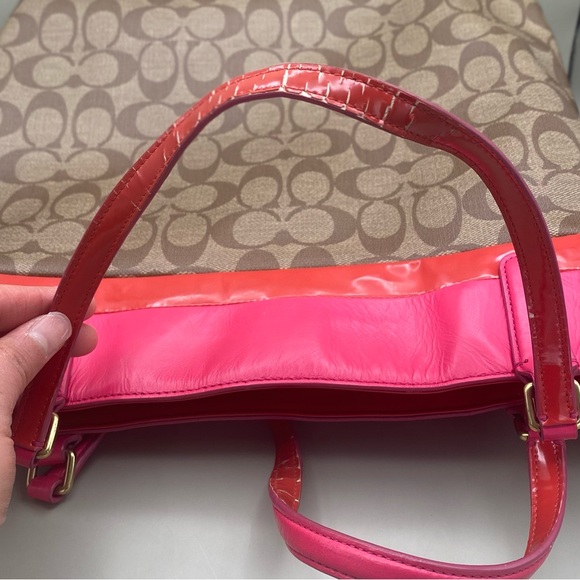 Coach 29783 Signature Canvas Tote Khaki Pink Orange Patent Leather Zip Top - Picture 7 of 16
